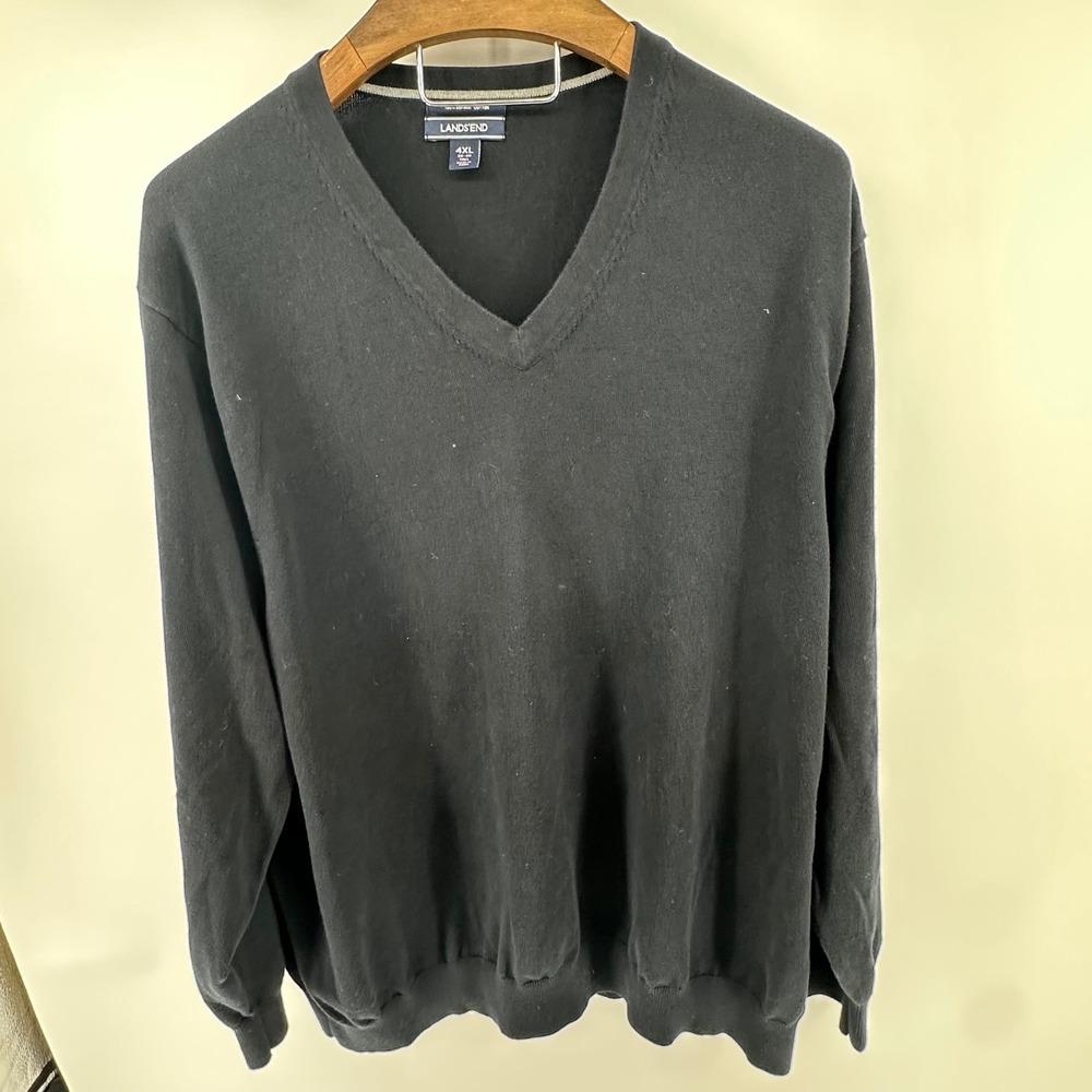 Lands End Mens 4XL Tall Black Supima Cotton V-Neck Sweater‎ Pullover 58-60 Tall